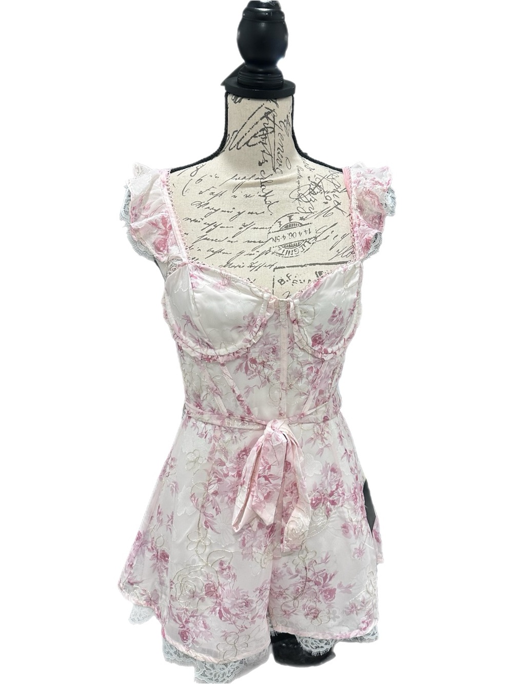 Lulu's "Whimsy Ivory & Blush Floral Lace Bustier Romper Sz S NWT CottageCore